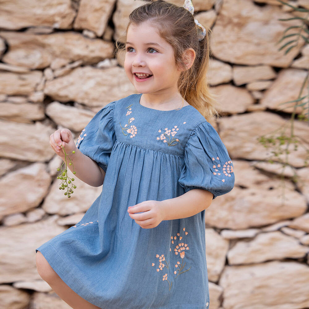 Tartine et Chocolat-Girls Blue Embroidered Chambray Dress | Childrensalon Outlet