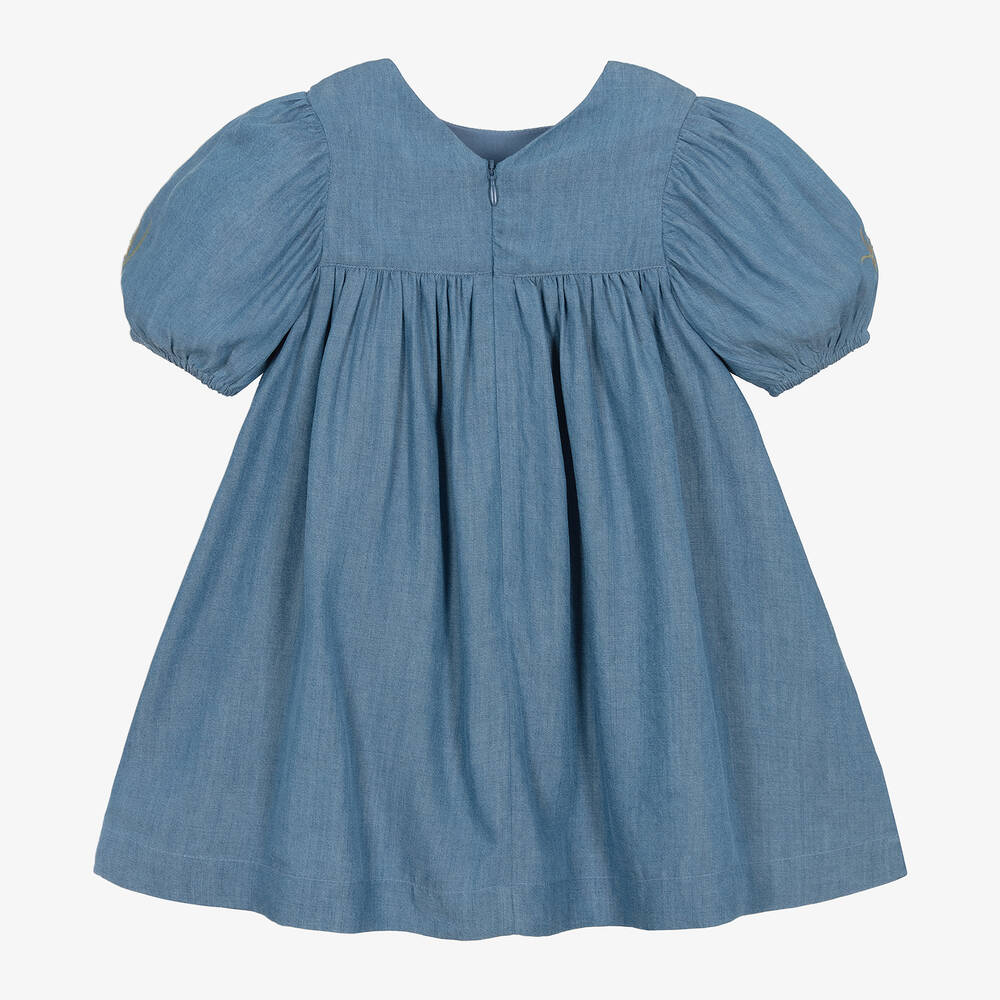 Tartine et Chocolat-Girls Blue Embroidered Chambray Dress | Childrensalon Outlet