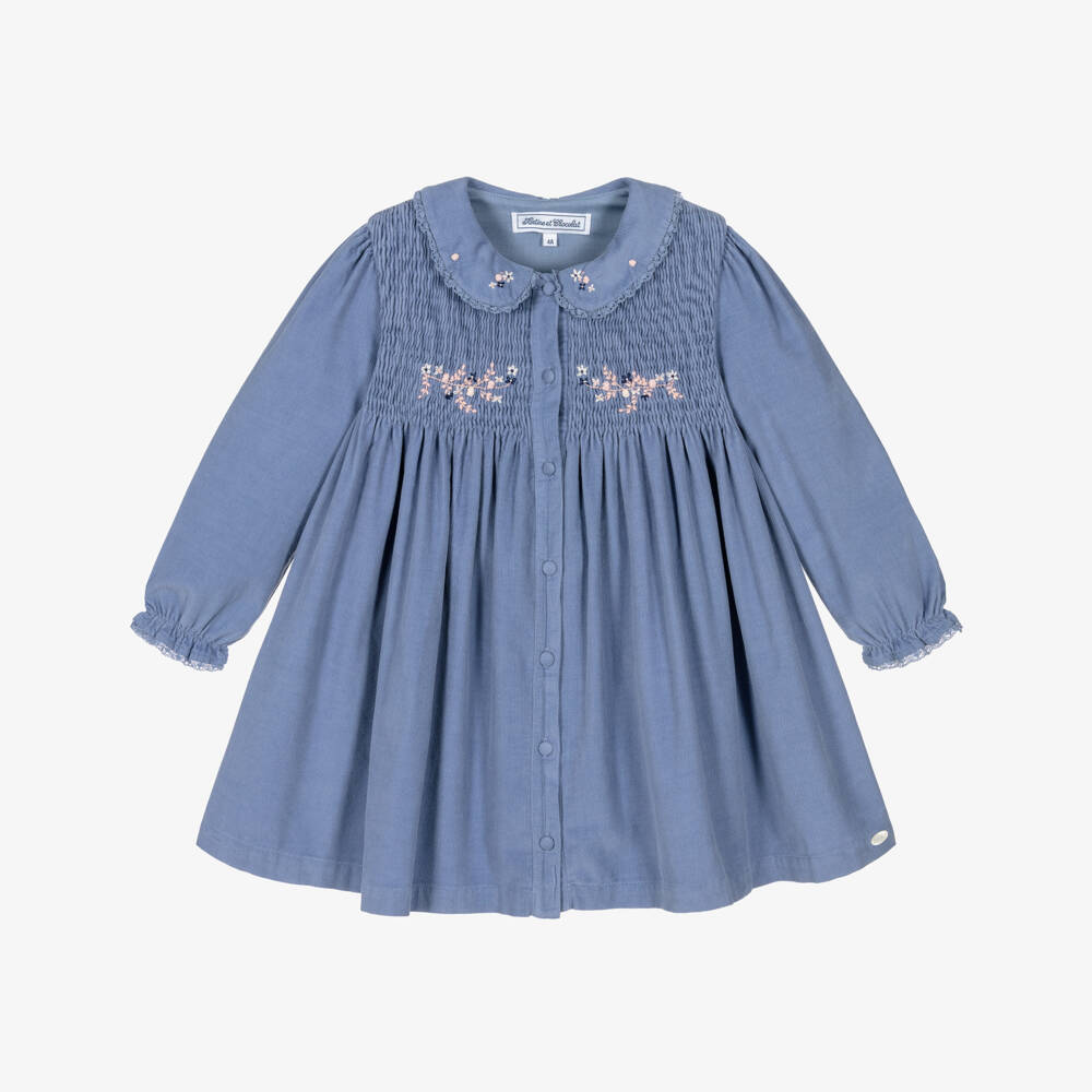 Tartine et Chocolat-Платье из синего вельвета с вышивкой для девочек | Childrensalon Outlet