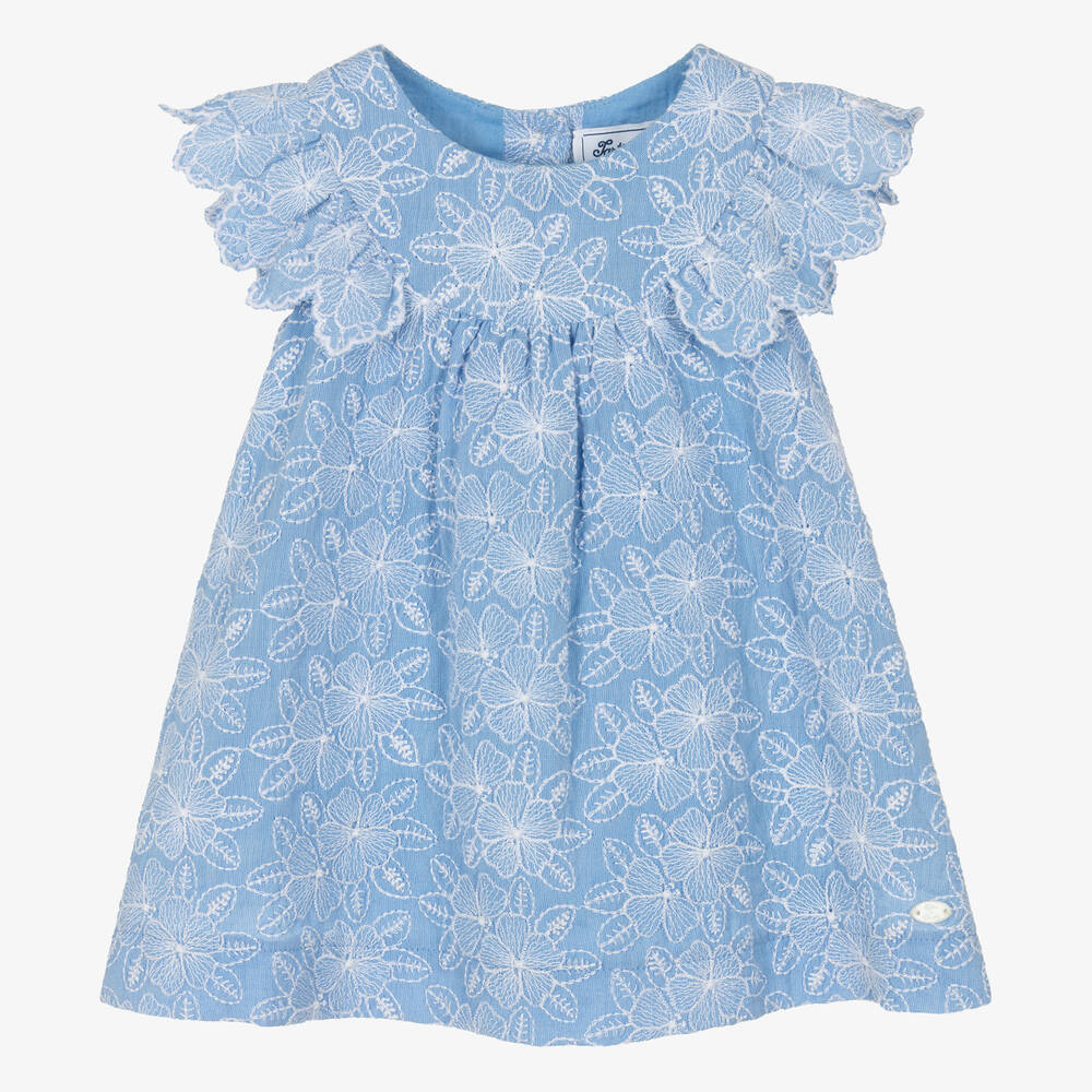 Tartine et Chocolat-Girls Blue Embroidered Floral Dress | Childrensalon Outlet