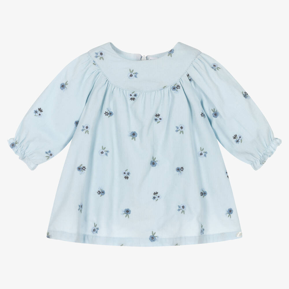 Tartine et Chocolat - Blaues besticktes Feincord-Kleid für Mädchen | Childrensalon