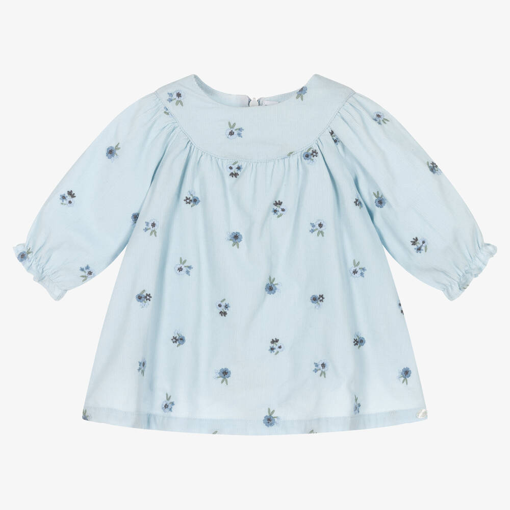 Tartine et Chocolat - Robe bleue brodée en velours fille | Childrensalon