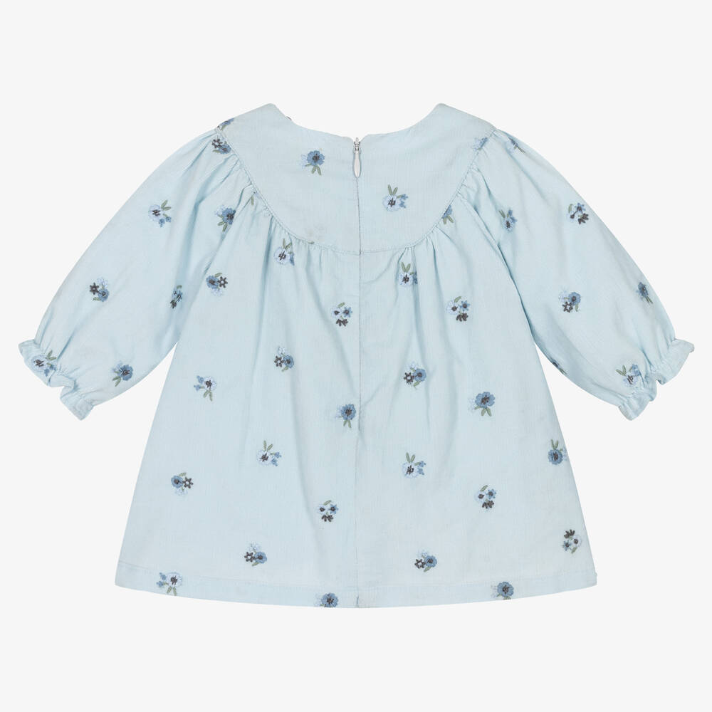 Tartine et Chocolat-Голубое платье из тонкого вельвета с вышивкой | Childrensalon Outlet