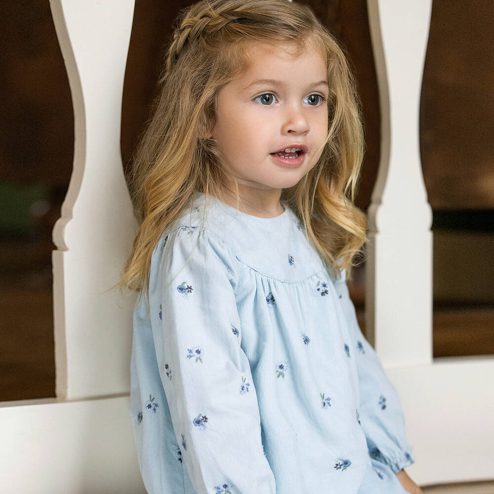 Tartine et Chocolat-Голубое платье из тонкого вельвета с вышивкой | Childrensalon Outlet