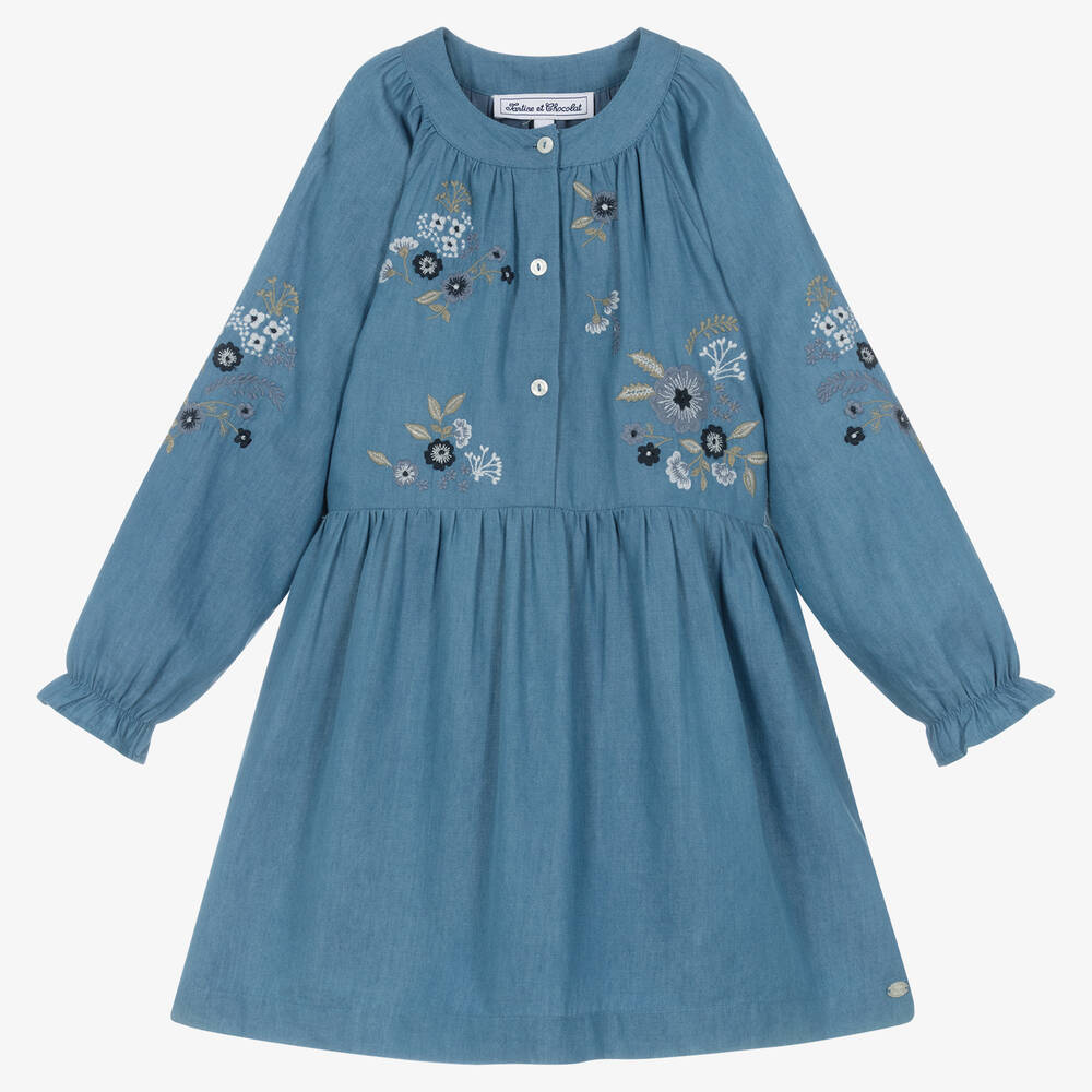 Tartine et Chocolat - Girls Blue Floral Chambray Dress | Childrensalon
