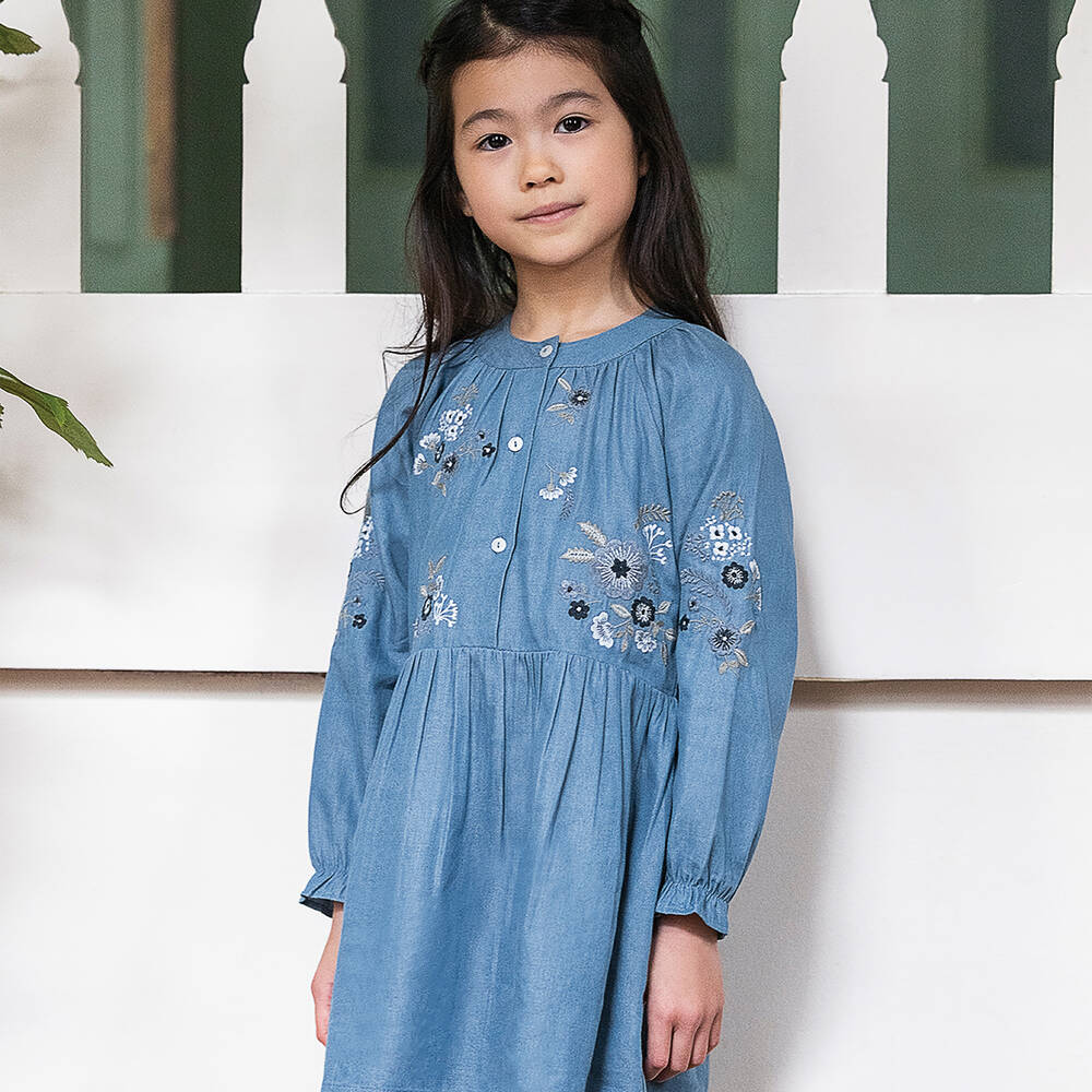 Tartine et Chocolat-Girls Blue Floral Chambray Dress | Childrensalon Outlet