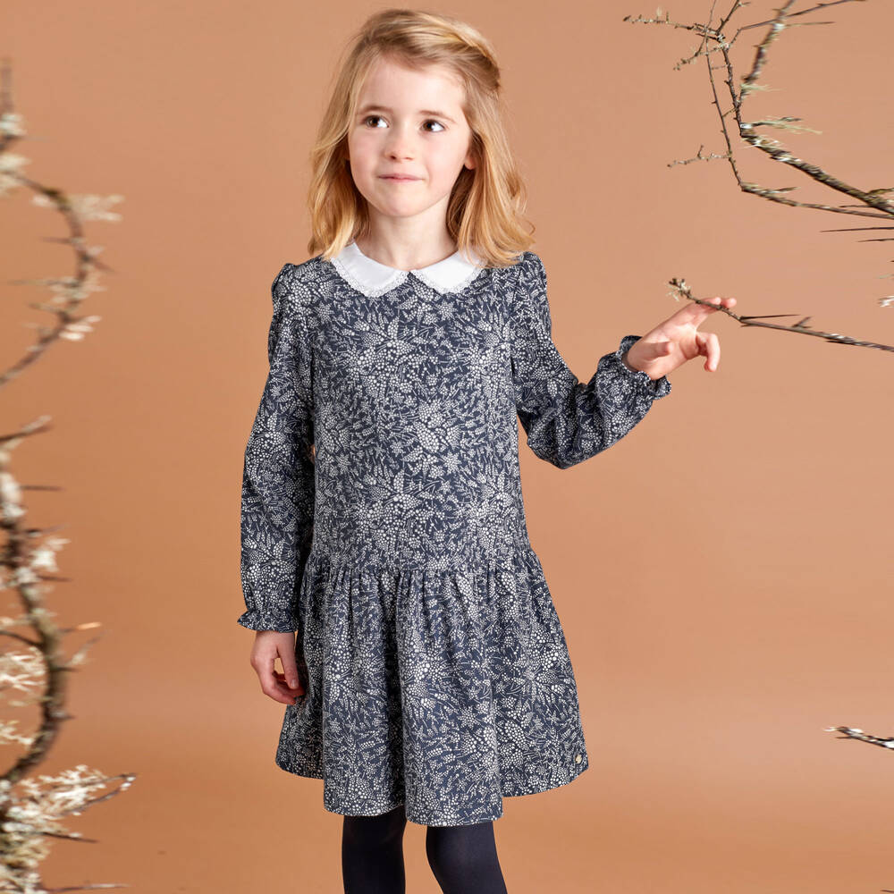 Tartine et Chocolat-فستان قطن لون أزرق بطبعة ورود | Childrensalon Outlet