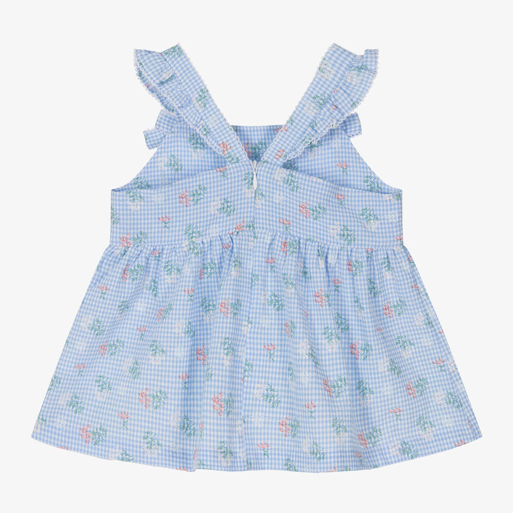 Tartine et Chocolat-Girls Blue Gingham Cotton Floral Blouse | Childrensalon Outlet