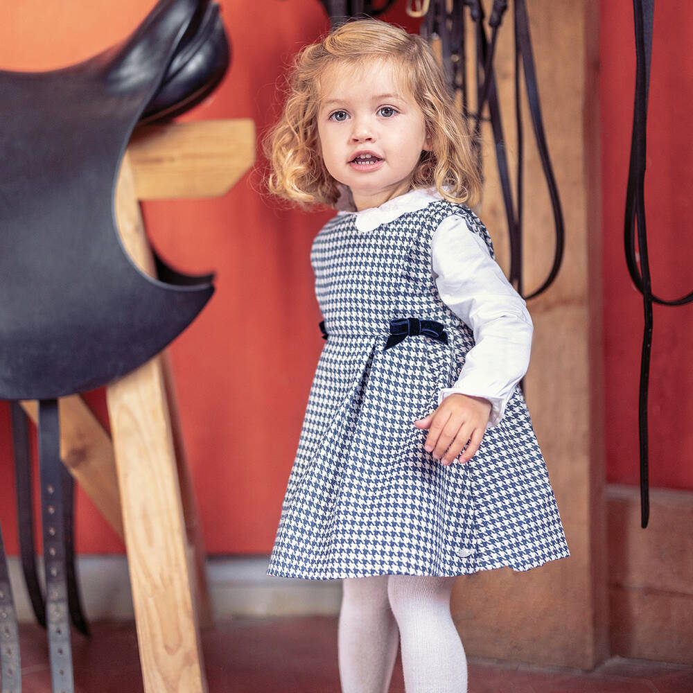 Tartine et Chocolat-فستان قطن كاروهات لون كحلي وعاجي | Childrensalon Outlet