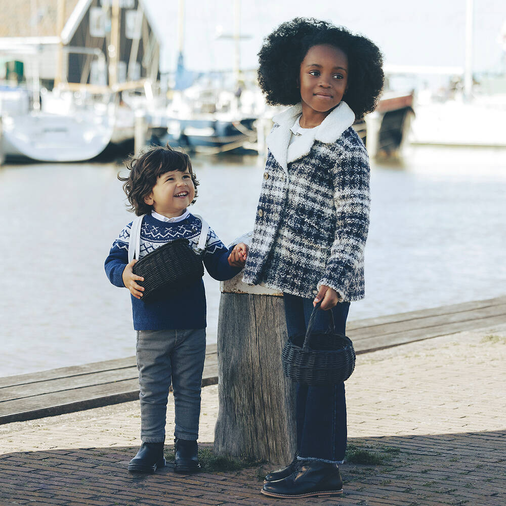 Tartine et Chocolat Girls Blue Ivory Check Tweed Jacket
