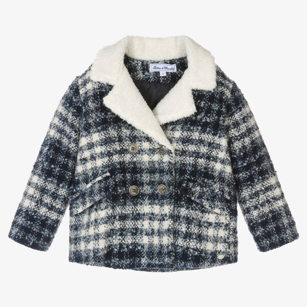 Tartine et Chocolat - Girls Blue & Ivory Check Tweed Jacket | Childrensalon