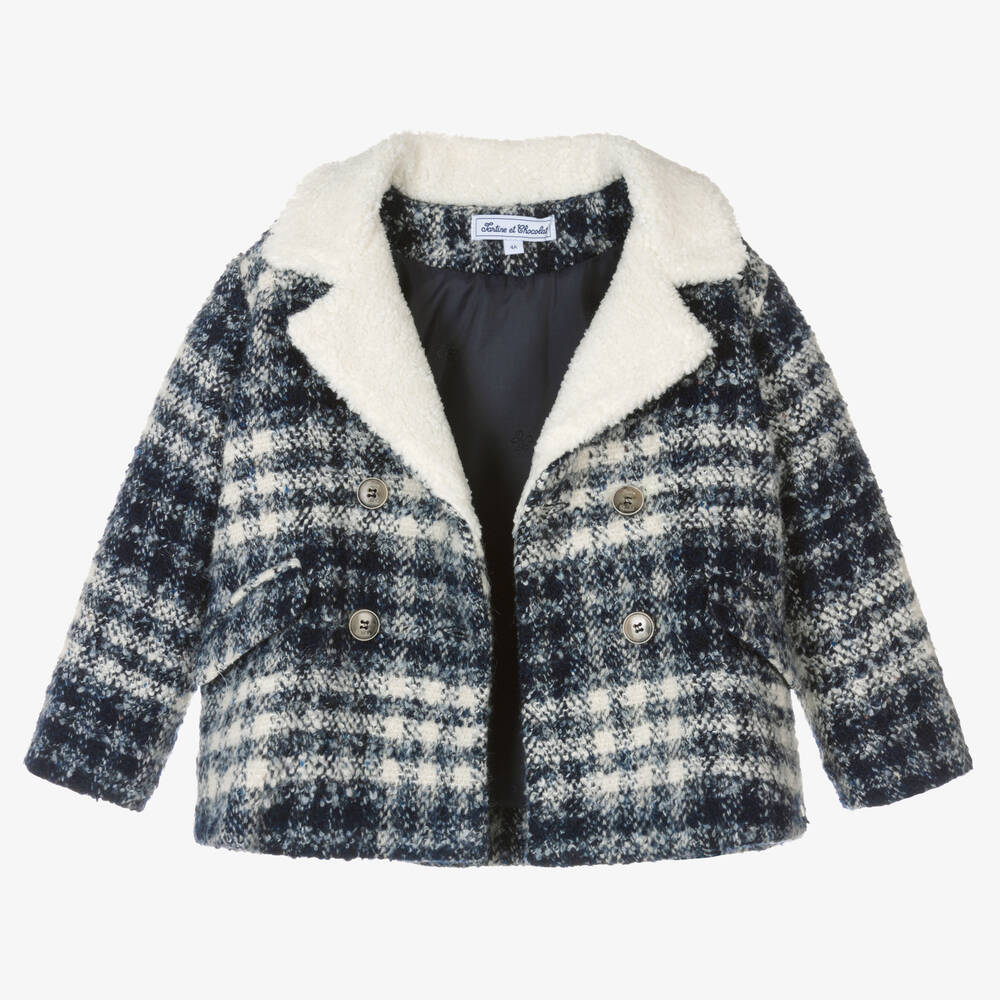 Tartine et Chocolat-Girls Blue & Ivory Check Tweed Jacket | Childrensalon Outlet