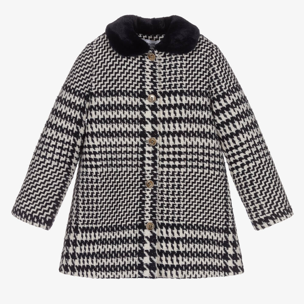 Tartine et Chocolat - Girls Blue & Ivory Tweed Coat | Childrensalon