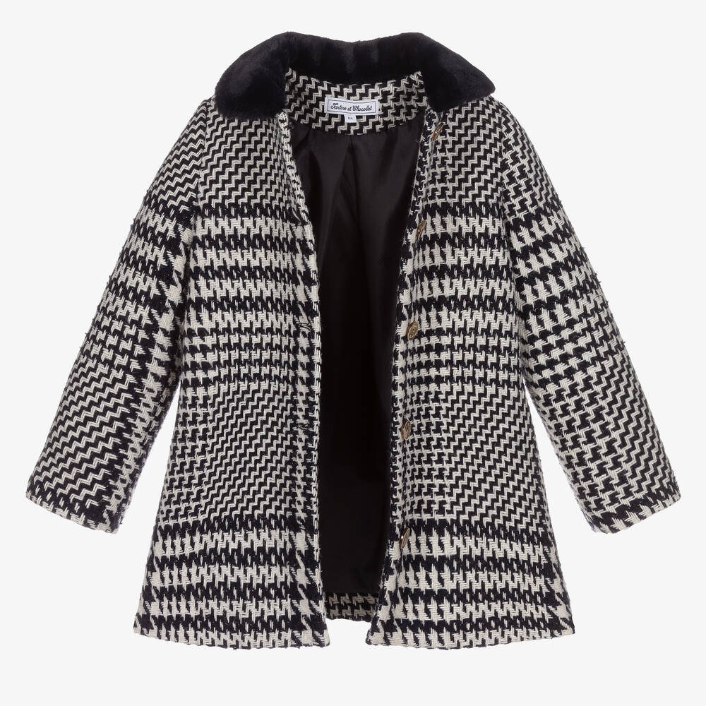 Tartine et Chocolat-Girls Blue & Ivory Tweed Coat | Childrensalon Outlet
