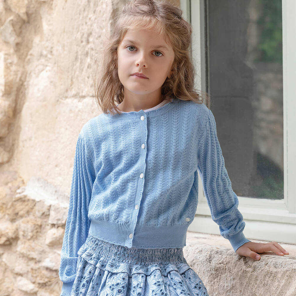 Tartine et Chocolat-Girls Blue Knitted Cotton Cardigan | Childrensalon Outlet