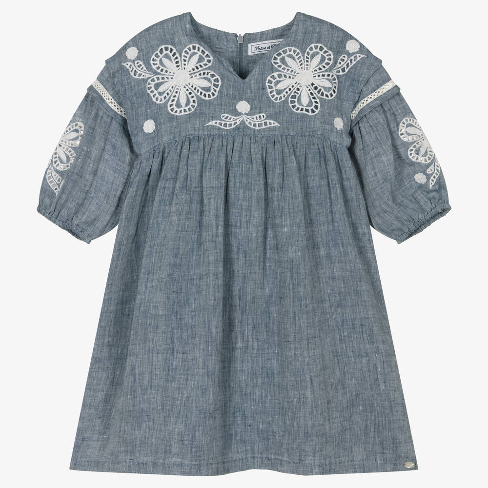Tartine et Chocolat - Girls Blue Linen Chambray Dress | Childrensalon
