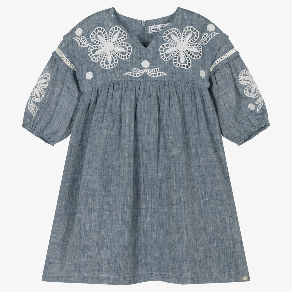 Tartine et Chocolat - Blaues Kleid aus Leinen-Chambray | Childrensalon