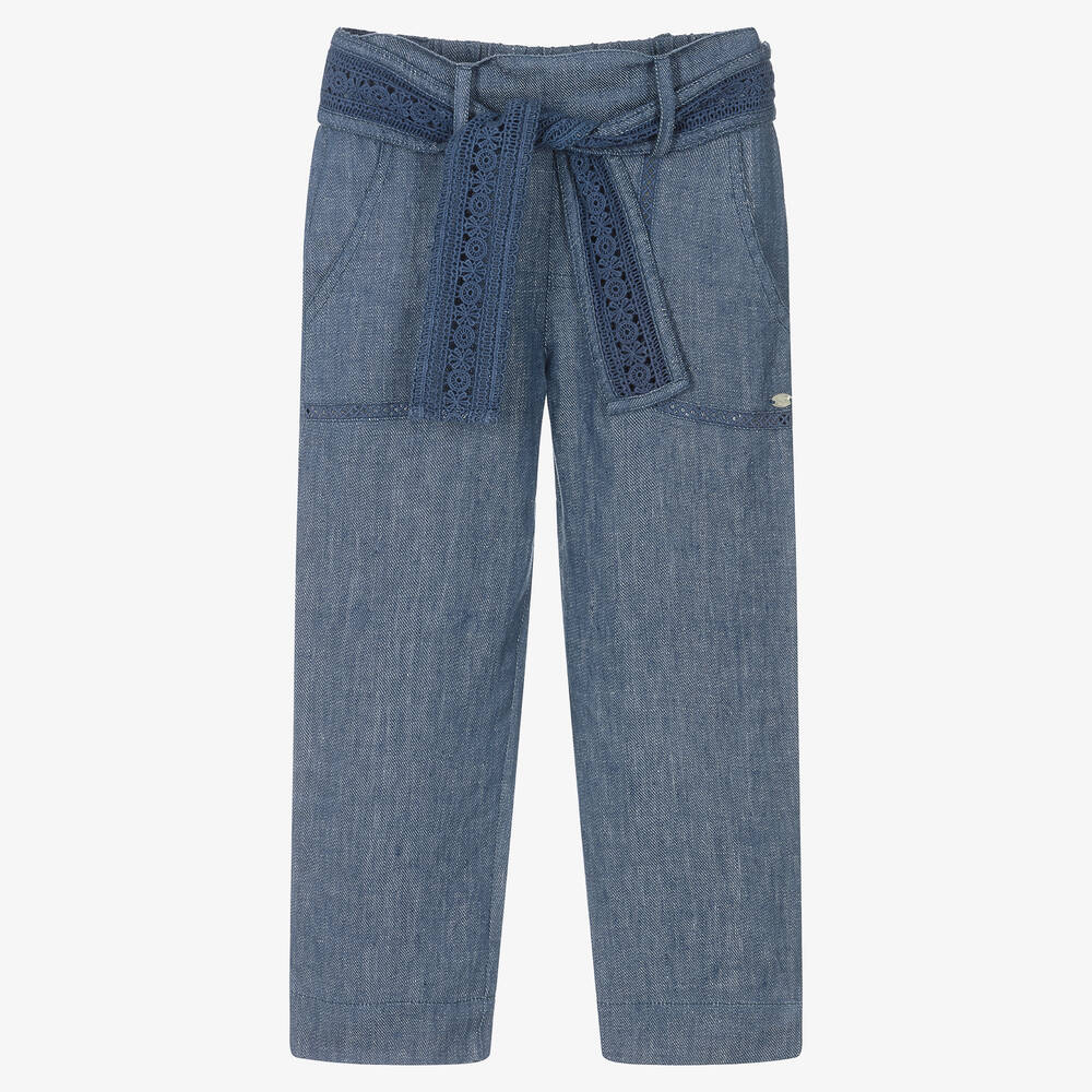 Tartine et Chocolat - Girls Blue Linen Chambray Trousers | Childrensalon