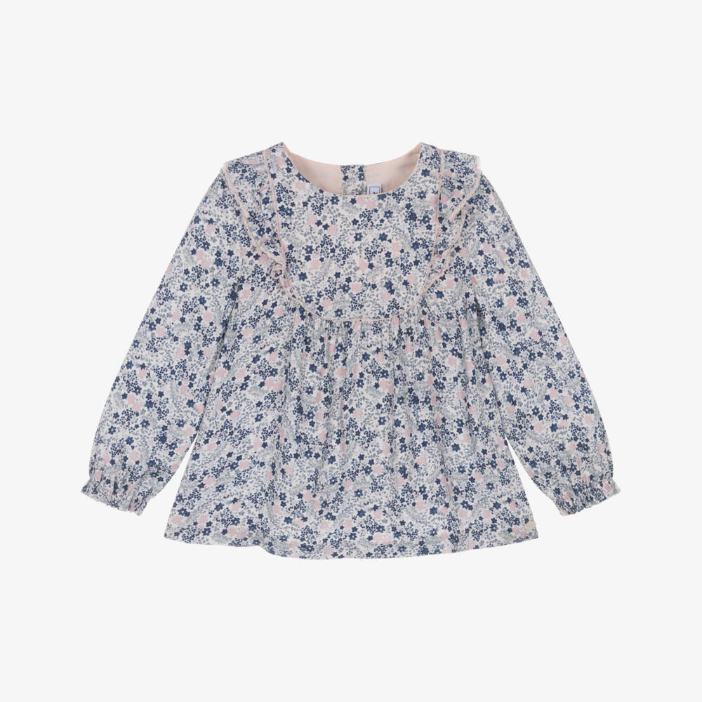 Tartine et Chocolat-Girls Blue & Pink Floral Twill Blouse | Childrensalon Outlet