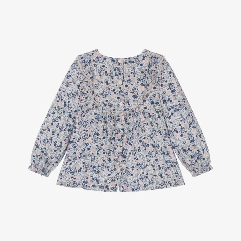 Tartine et Chocolat-Girls Blue & Pink Floral Twill Blouse | Childrensalon Outlet