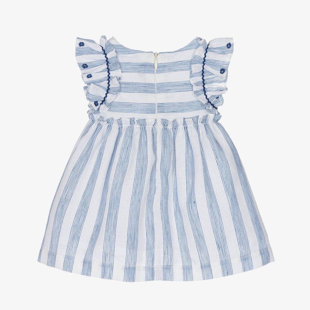 Tartine et Chocolat-Girls Blue Stripe Cotton & Linen Dress | Childrensalon Outlet