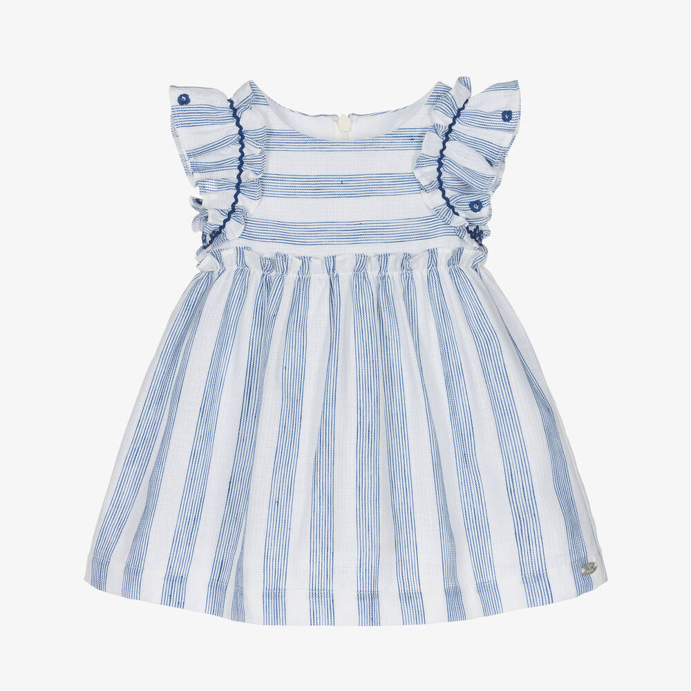 Tartine et Chocolat - Robe bleue rayée en coton et lin | Childrensalon