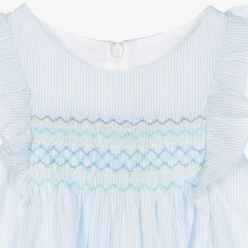 Tartine et Chocolat-Girls Blue Stripe Hand-Smocked Dress | Childrensalon Outlet