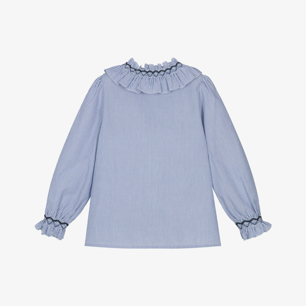 Tartine et Chocolat-Girls Blue & White Striped Cotton Ruffle Blouse | Childrensalon Outlet