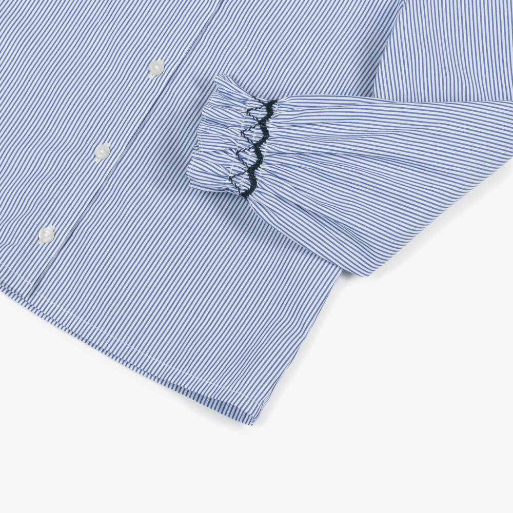 Tartine et Chocolat-Girls Blue & White Striped Cotton Ruffle Blouse | Childrensalon Outlet