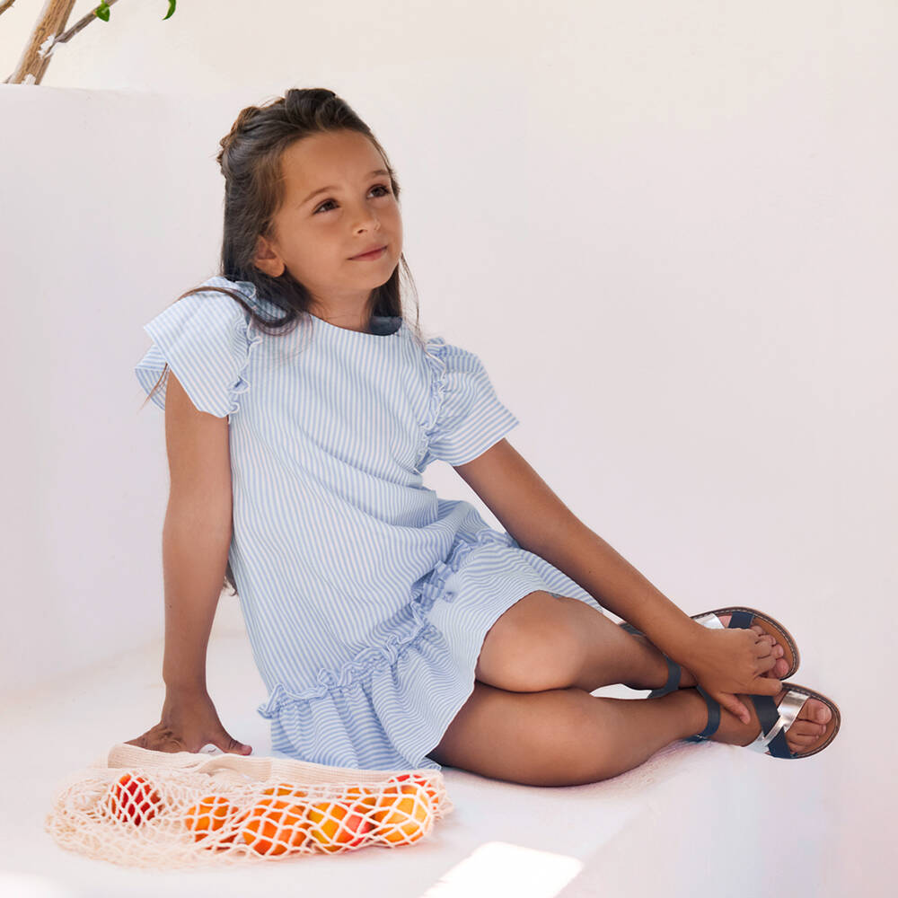 Tartine et Chocolat-Girls Blue & White Striped Dress with Ruffles | Childrensalon Outlet