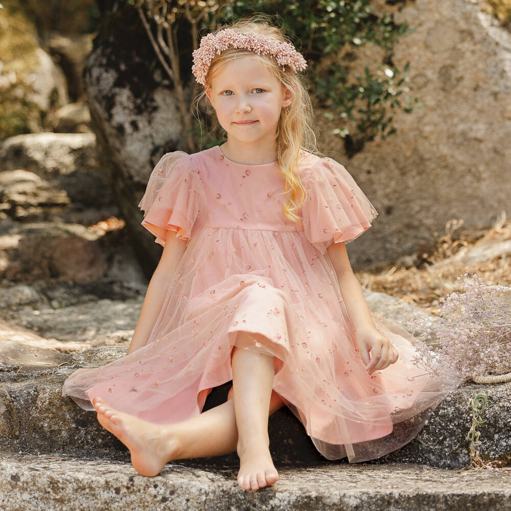 Tartine et Chocolat-Girls Blush Tulle Embroidered Dress | Childrensalon Outlet