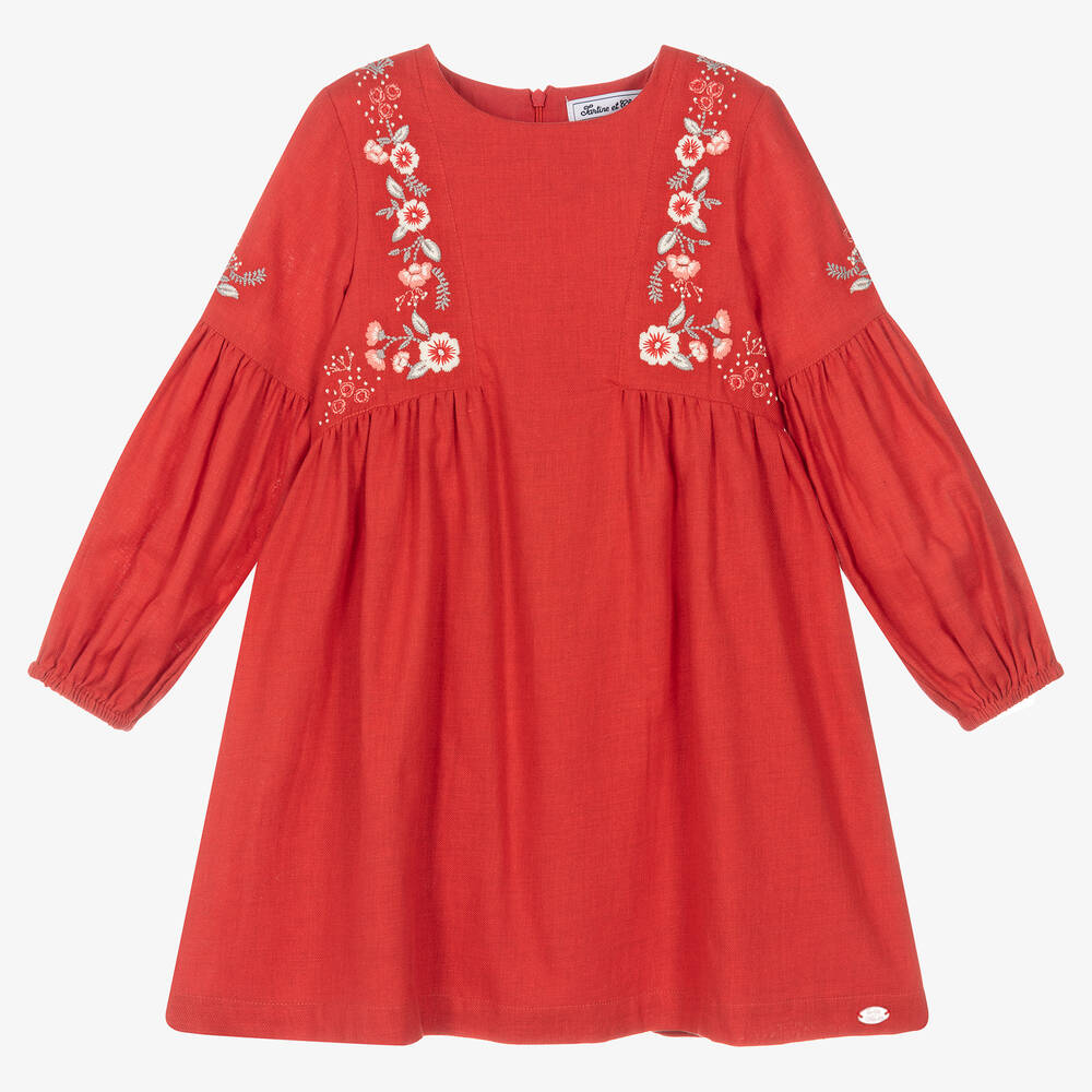 Tartine et Chocolat - Girls Brick Red Embroidered Cotton Dress | Childrensalon