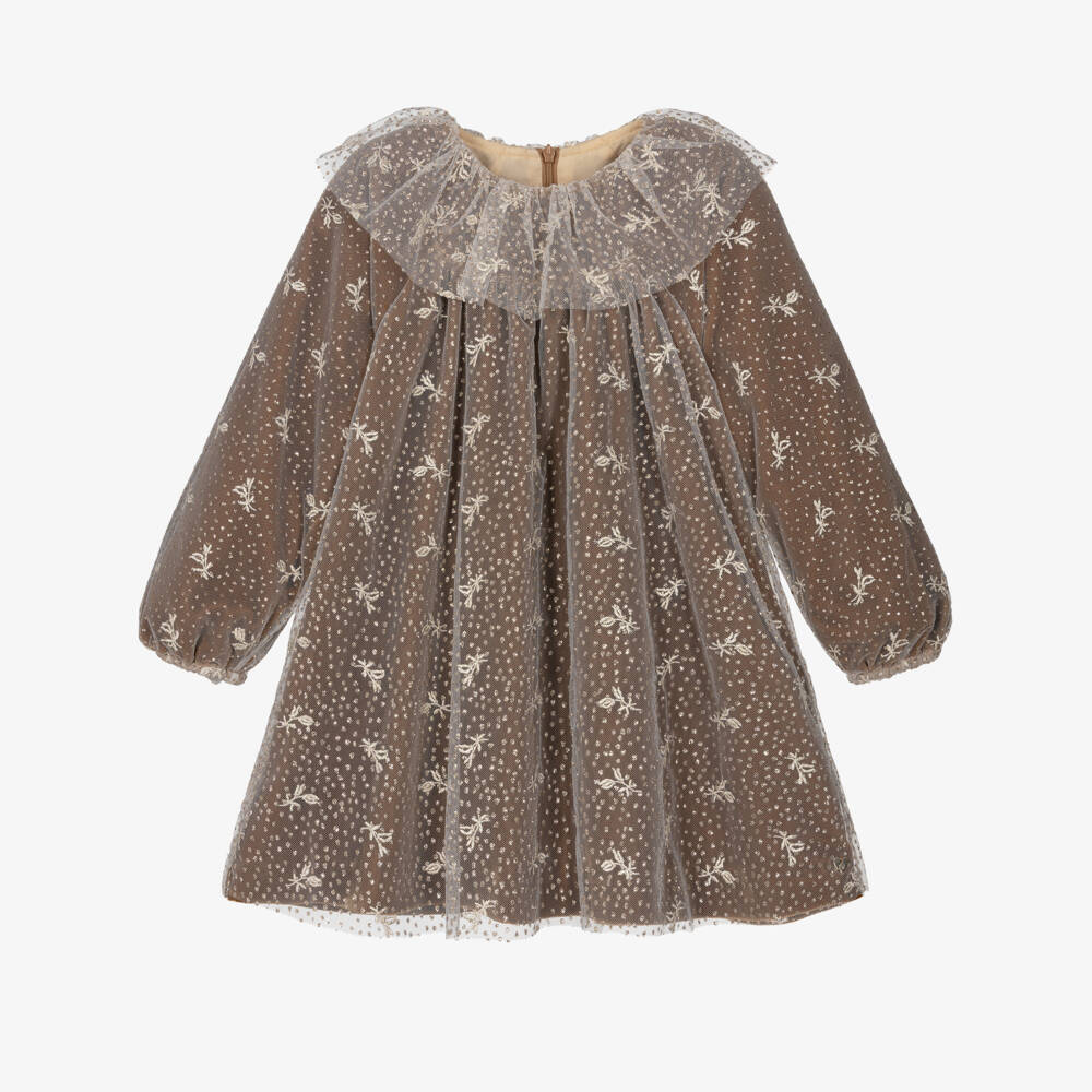 Tartine et Chocolat-Girls Brown Velvet & Embroidered Tulle Dress | Childrensalon Outlet