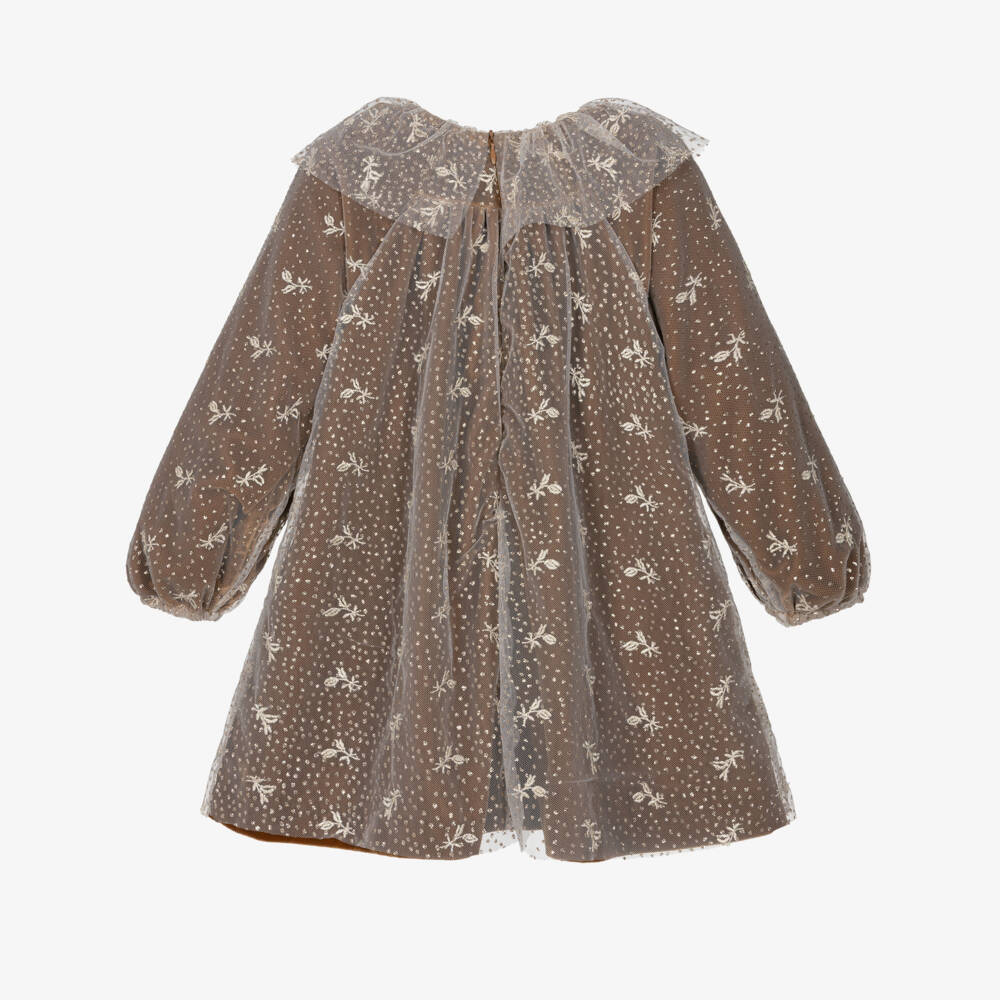 Tartine et Chocolat-Girls Brown Velvet & Embroidered Tulle Dress | Childrensalon Outlet