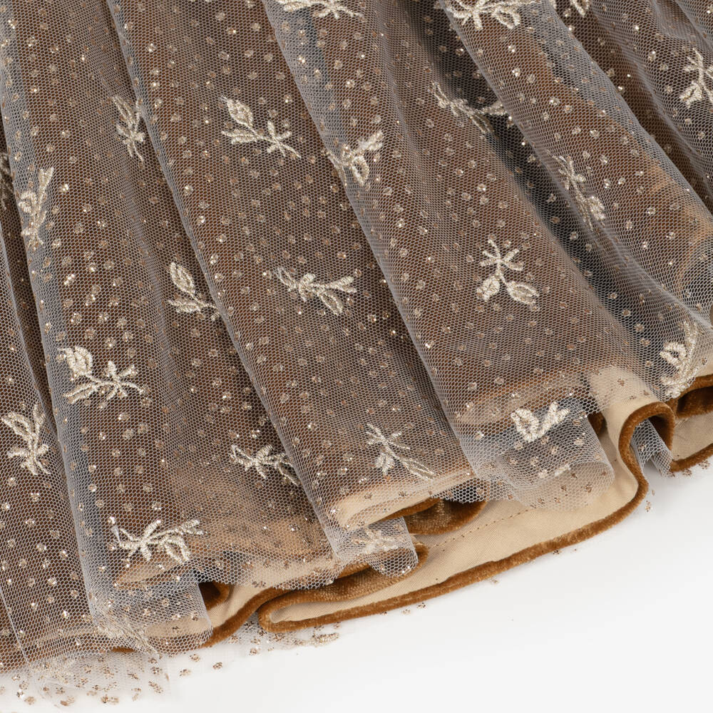 Tartine et Chocolat-Girls Brown Velvet & Embroidered Tulle Skirt | Childrensalon Outlet