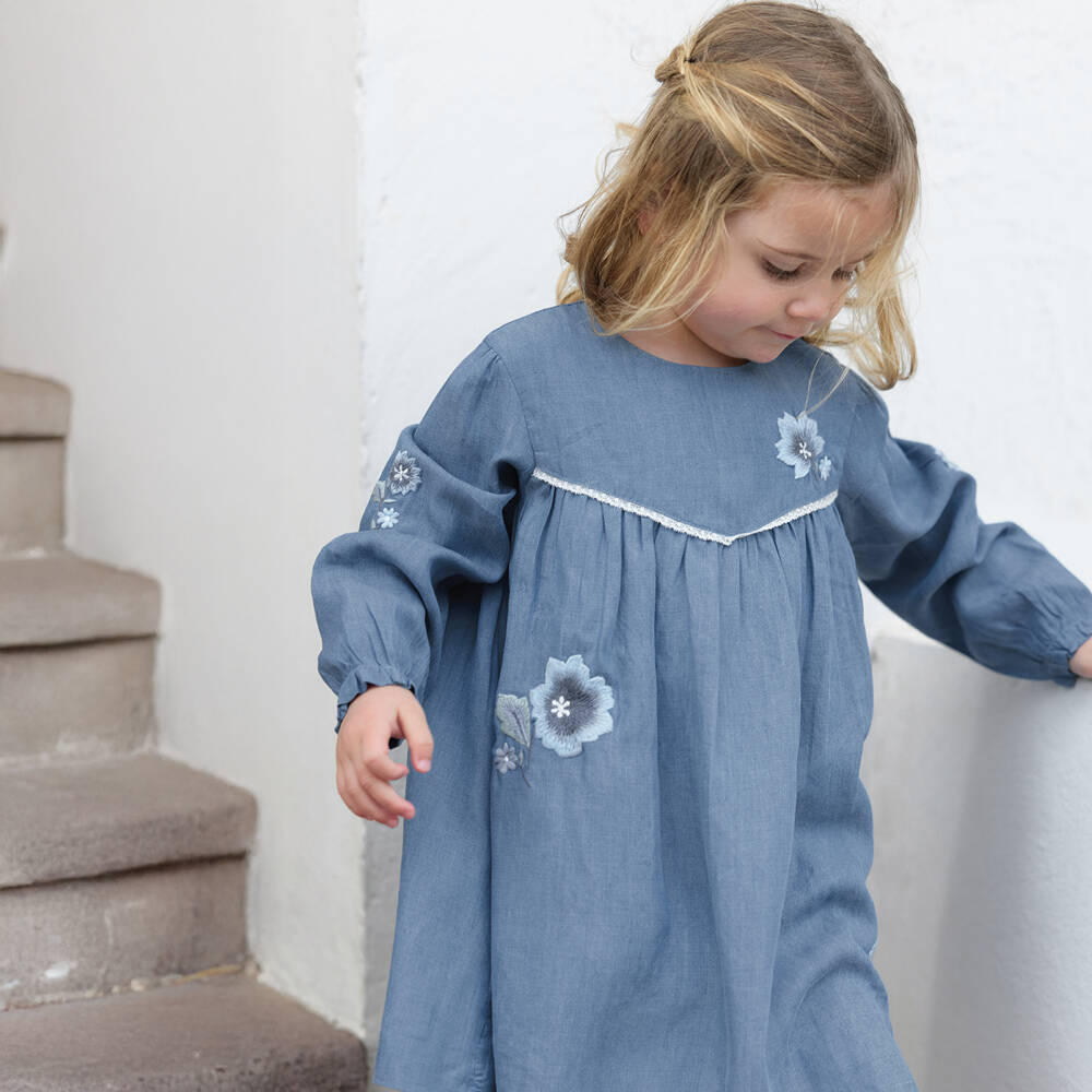 Tartine et Chocolat-Girls Chambray Dress with Floral Embroidery | Childrensalon Outlet