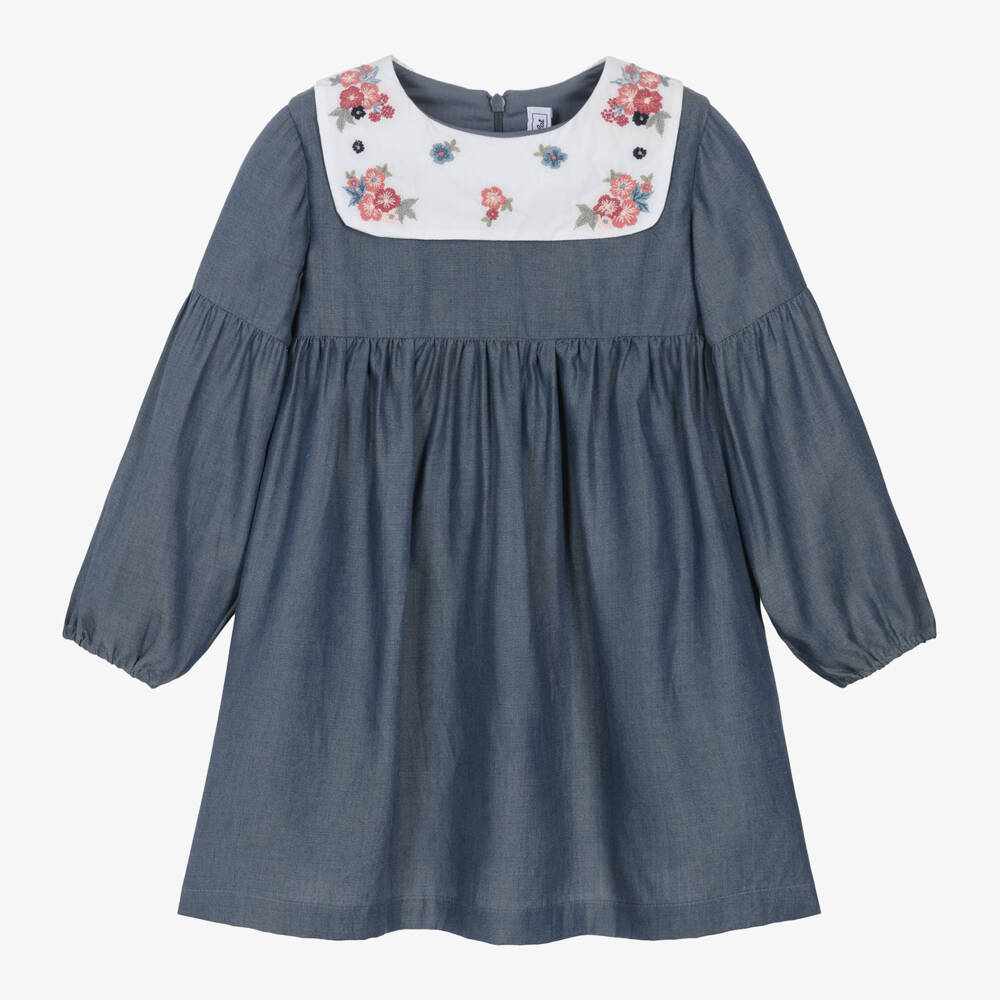 Tartine et Chocolat-Girls Chambray Embroidered Collar Dress | Childrensalon Outlet
