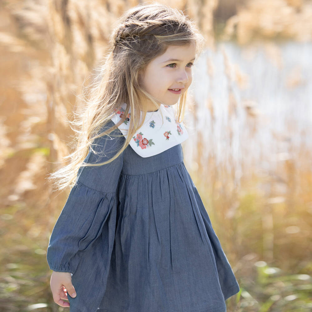 Tartine et Chocolat-Girls Chambray Embroidered Collar Dress | Childrensalon Outlet