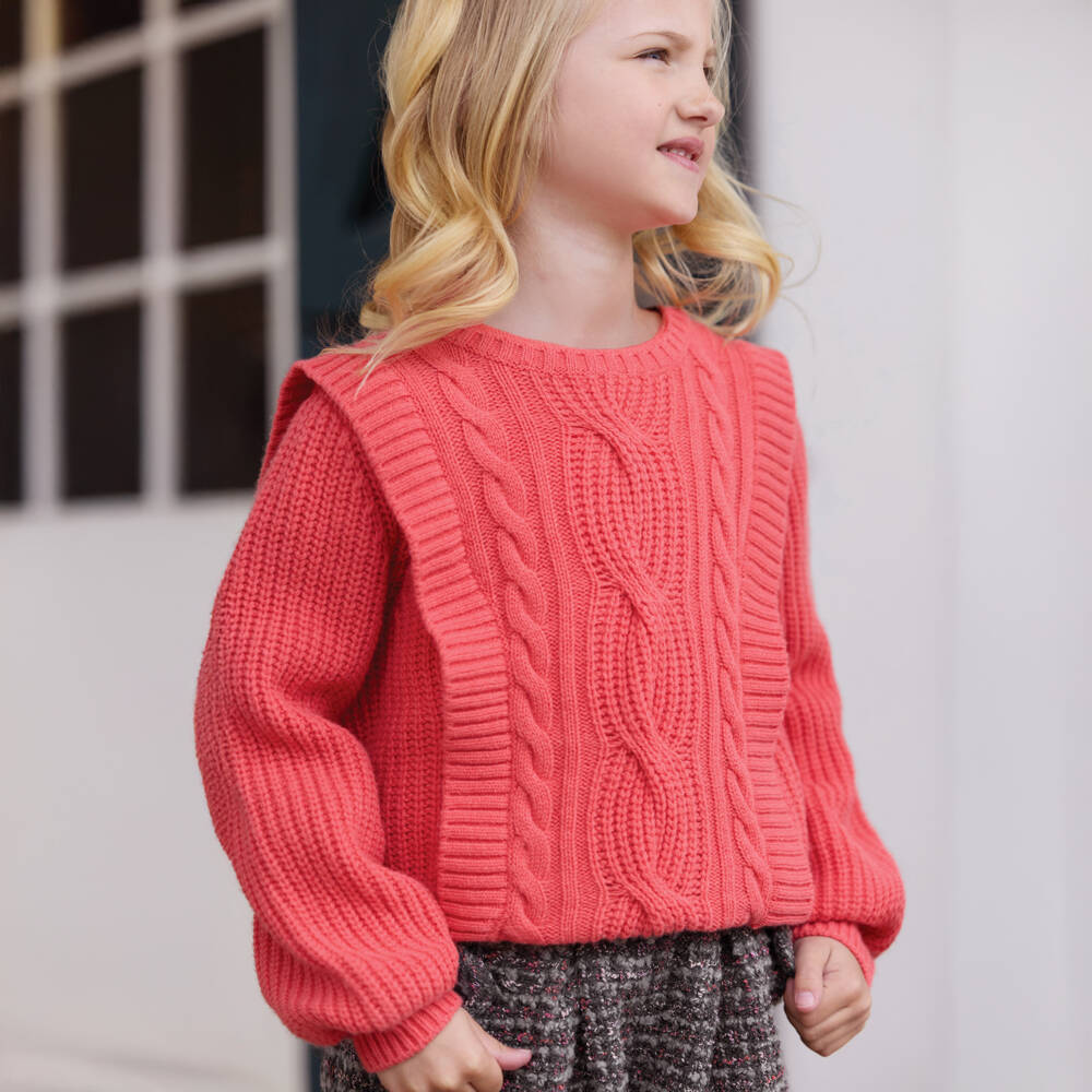 Tartine et Chocolat-Girls Coral Cable Knit Jumper | Childrensalon Outlet