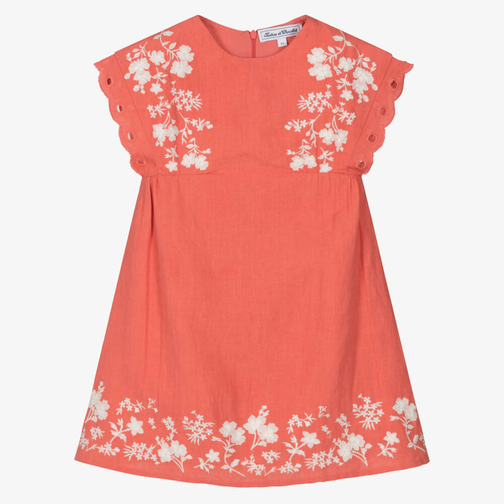 Tartine et Chocolat-Girls Coral Linen Floral Dress | Childrensalon Outlet