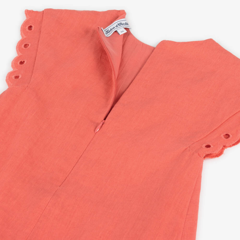 Tartine et Chocolat-Girls Coral Linen Floral Dress | Childrensalon Outlet