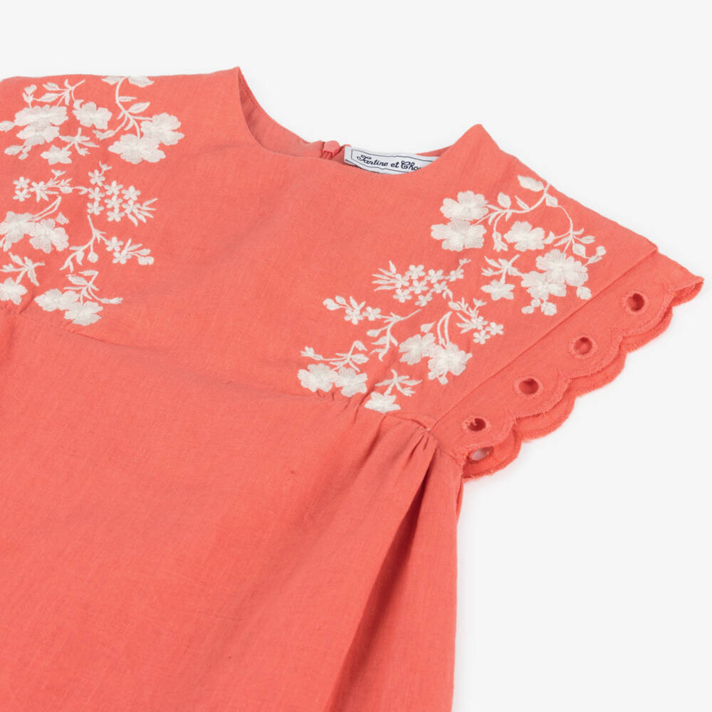 Tartine et Chocolat-Girls Coral Linen Floral Dress | Childrensalon Outlet
