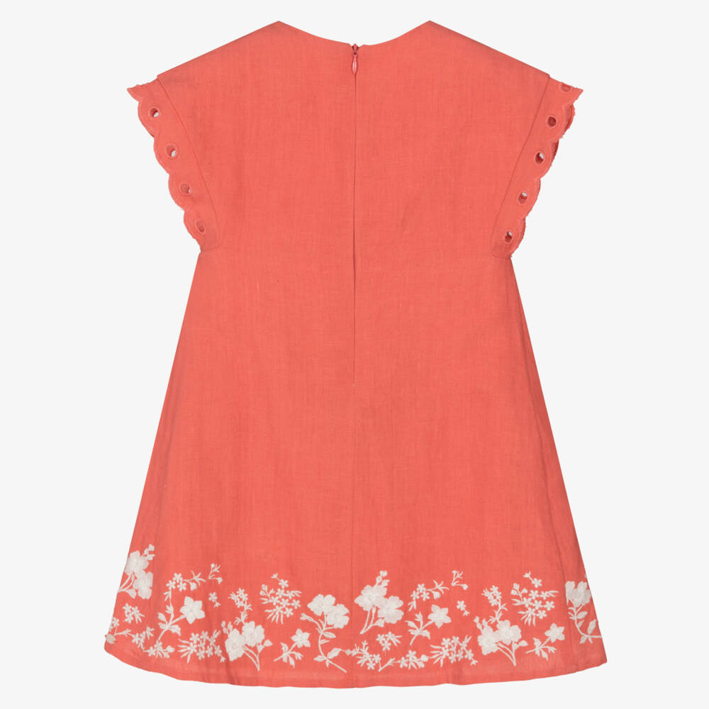 Tartine et Chocolat-Girls Coral Linen Floral Dress | Childrensalon Outlet
