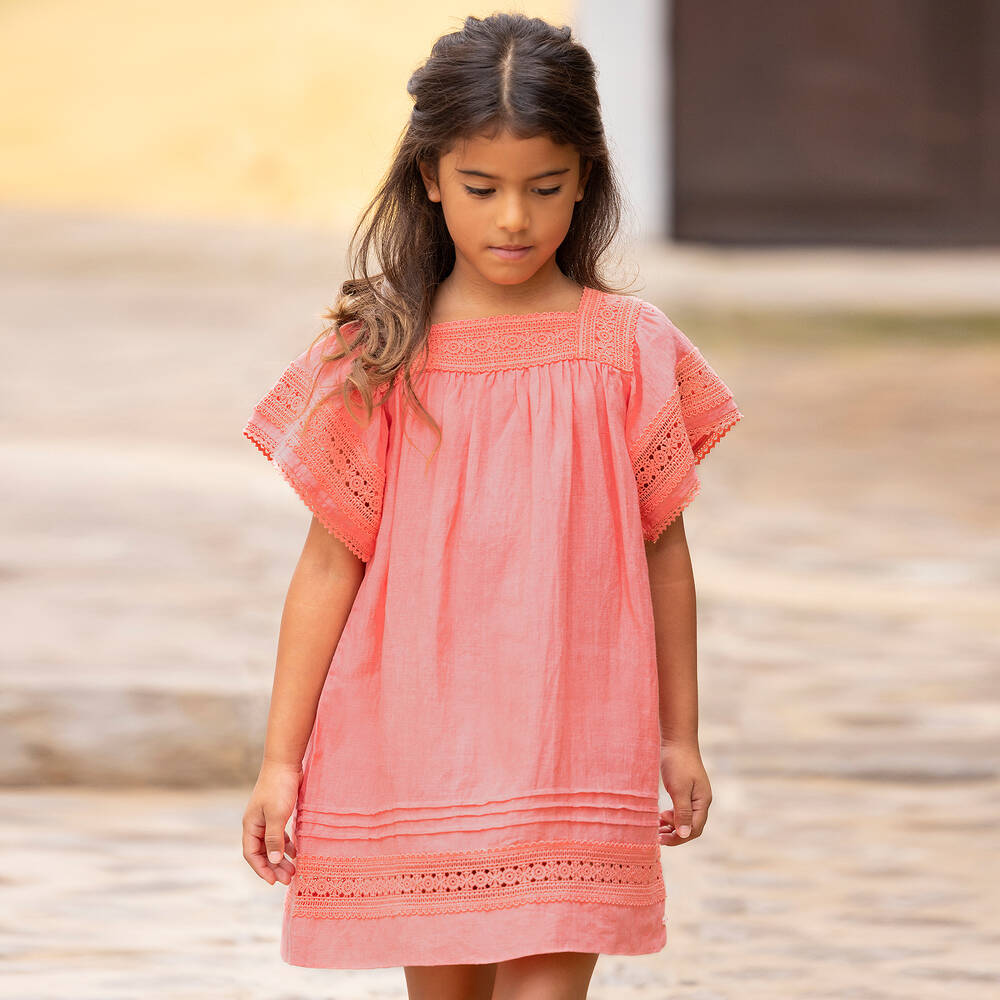 Tartine et Chocolat-Girls Coral Pink Linen Dress | Childrensalon Outlet