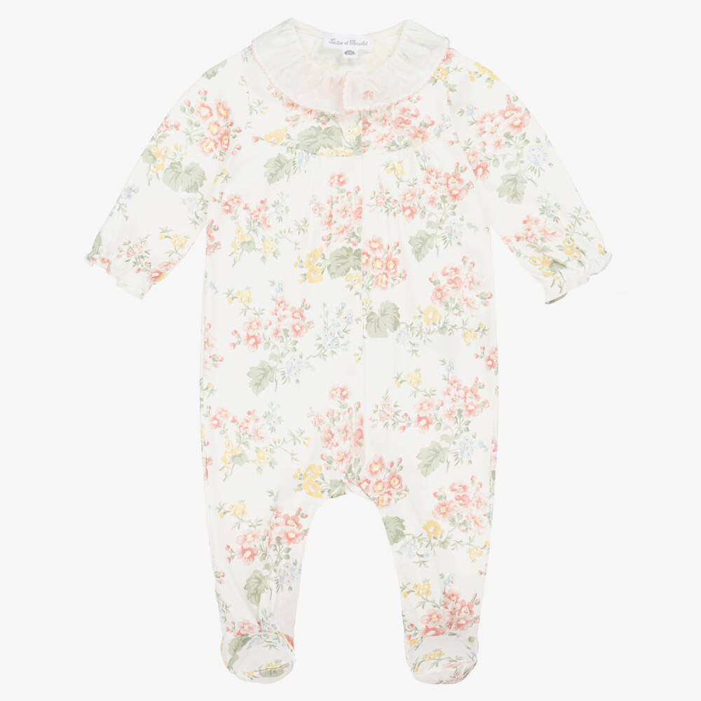 Tartine et Chocolat-Girls Cream Blossom Cotton Romper | Childrensalon Outlet