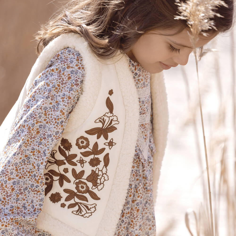 Tartine et Chocolat-Girls Cream Floral Faux Suede Vest | Childrensalon Outlet