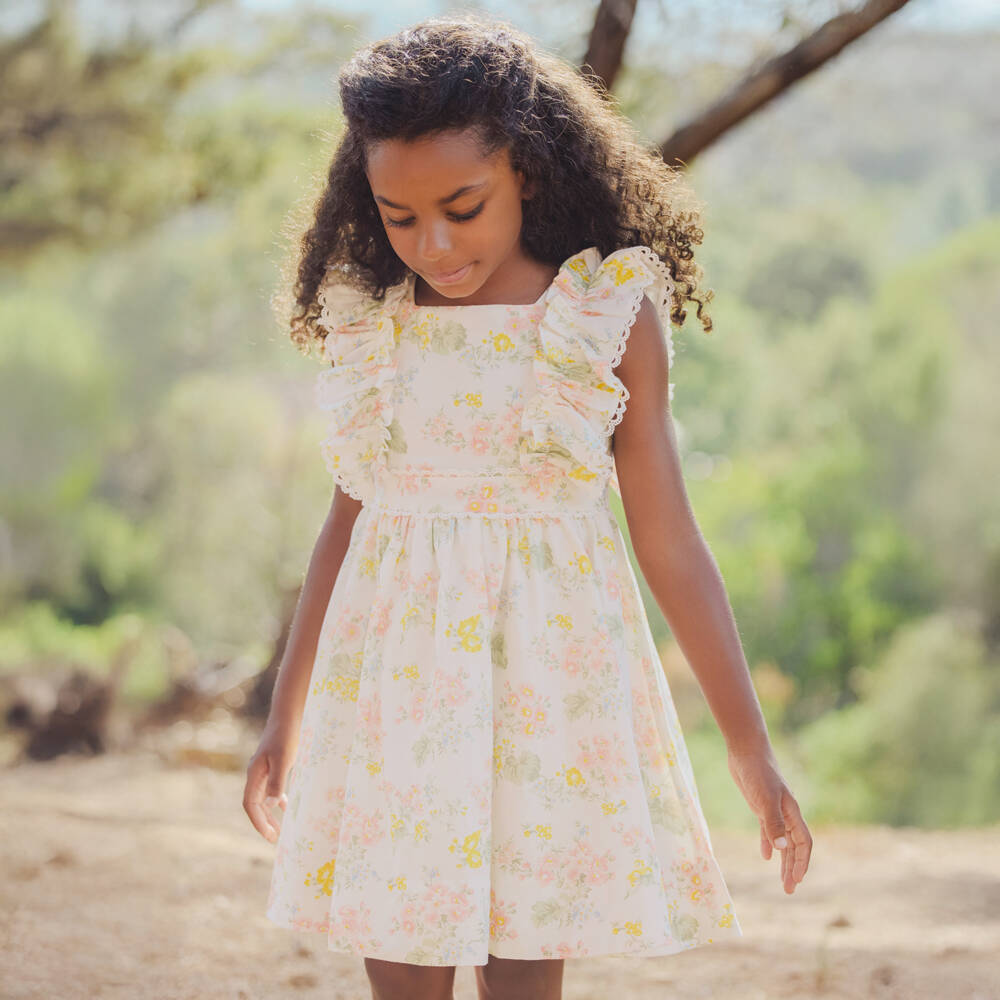 Tartine et Chocolat-Girls Cream Floral Ruffle Frock | Childrensalon Outlet