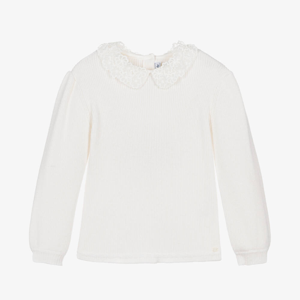Tartine et Chocolat-Girls Cream Knit Sweater with Floral Collar | Childrensalon Outlet