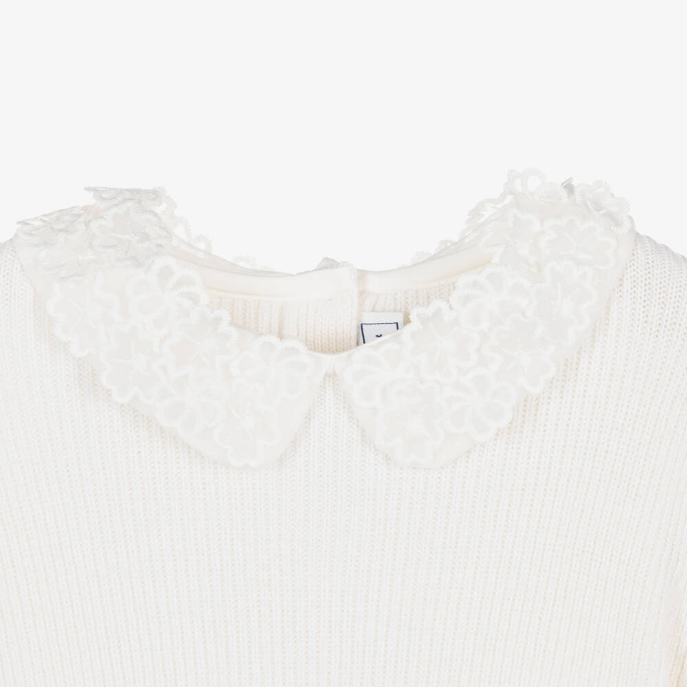 Tartine et Chocolat-Girls Cream Knit Sweater with Floral Collar | Childrensalon Outlet