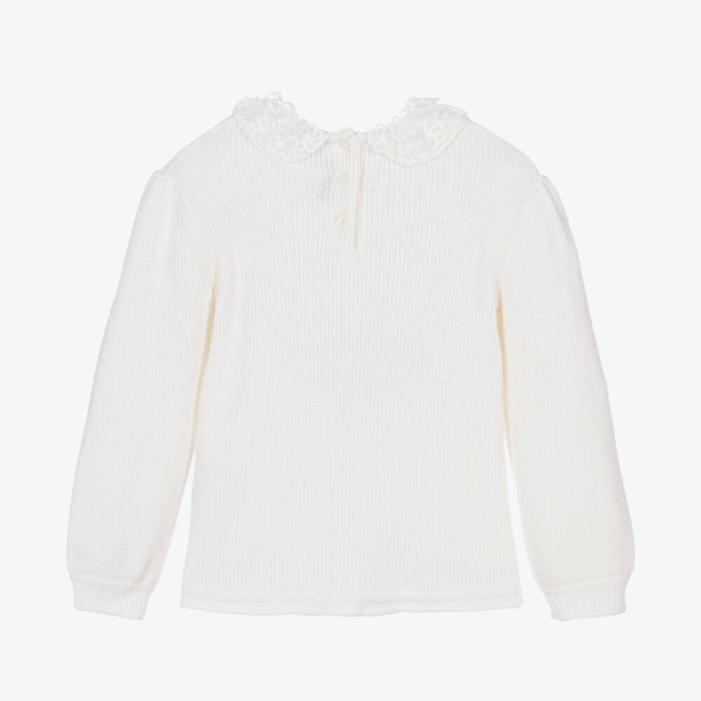 Tartine et Chocolat-Girls Cream Knit Sweater with Floral Collar | Childrensalon Outlet